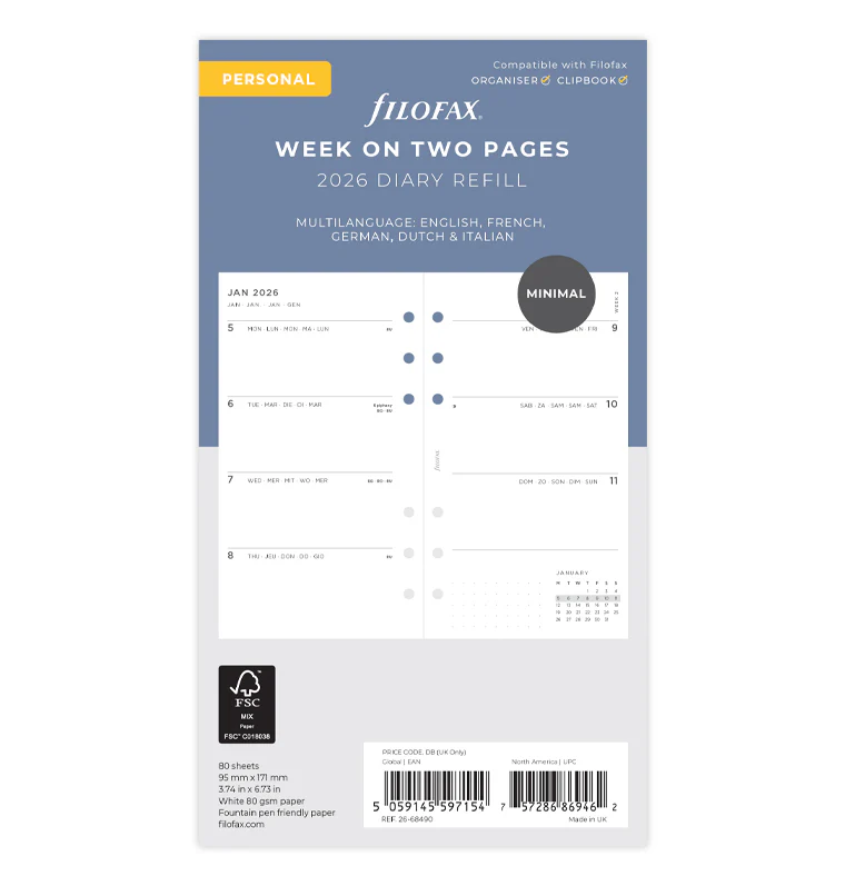 Minimal Week On Two Pages Diary - Personal 2026 Multilanguage