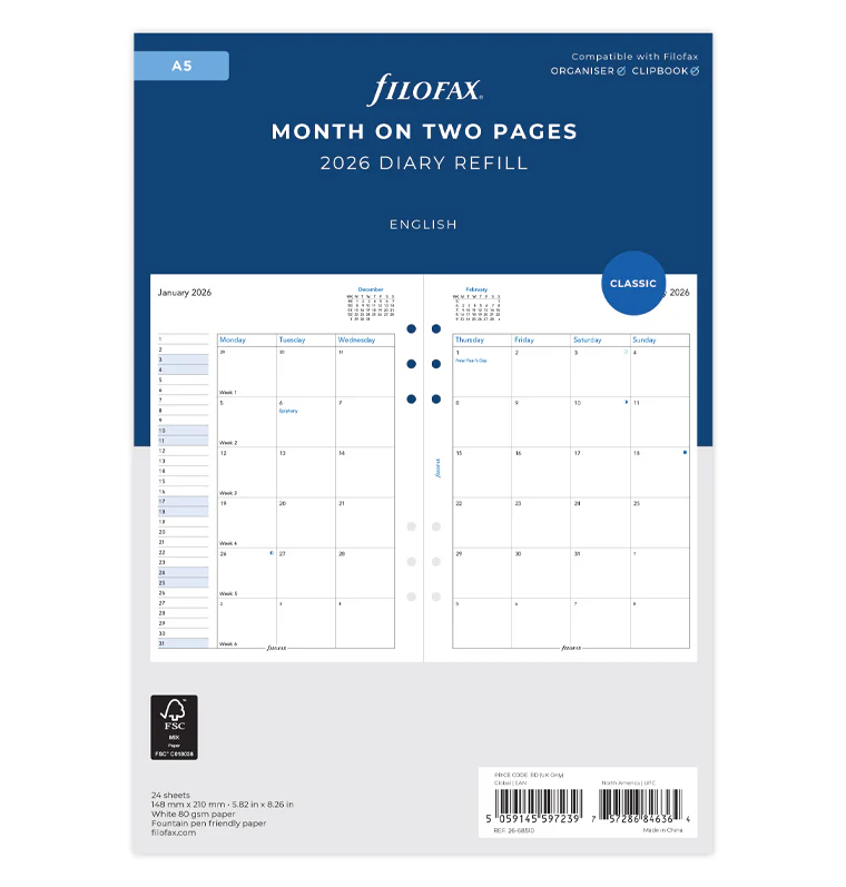 Month On Two Pages Diary - A5 2026 English