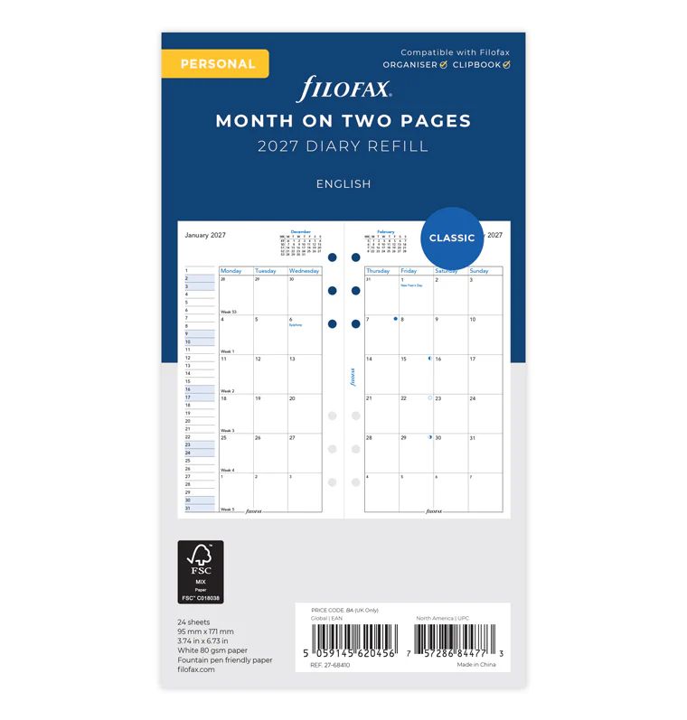 Month On Two Pages Diary - Personal 2027 English