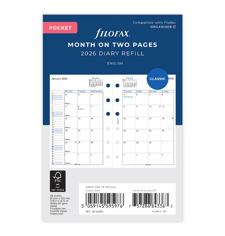 Month On Two Pages Diary - Pocket 2026 English