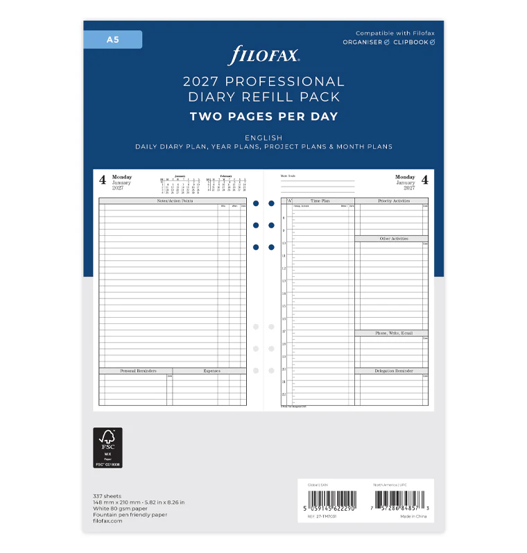 Time Management One Day On Two Pages Diary - A5 2027 English