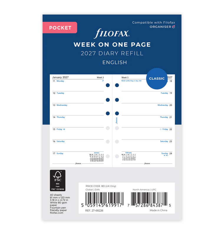 Week On One Page Diary - Pocket 2027 English