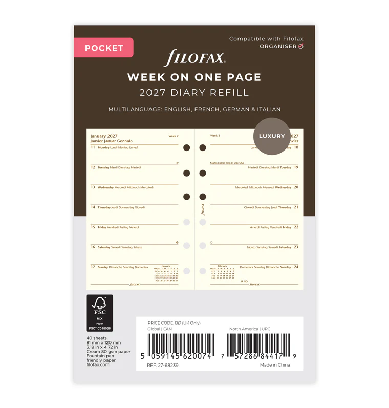 Week On One Page Diary - Pocket Cotton Cream 2027 Multilanguage