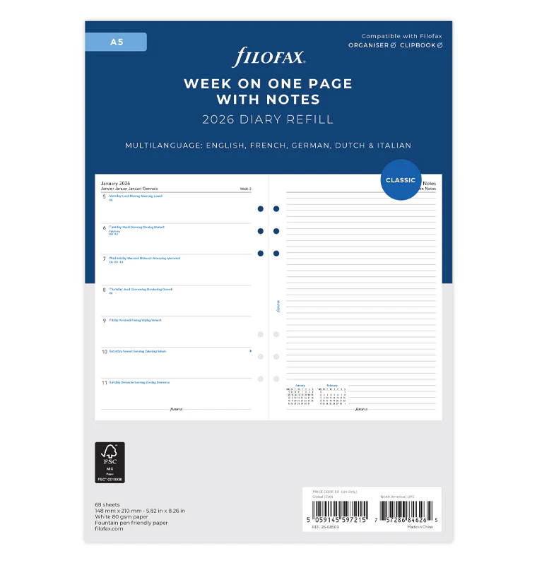 Week On One Page Diary With Notes - A5 2026 Multilanguage