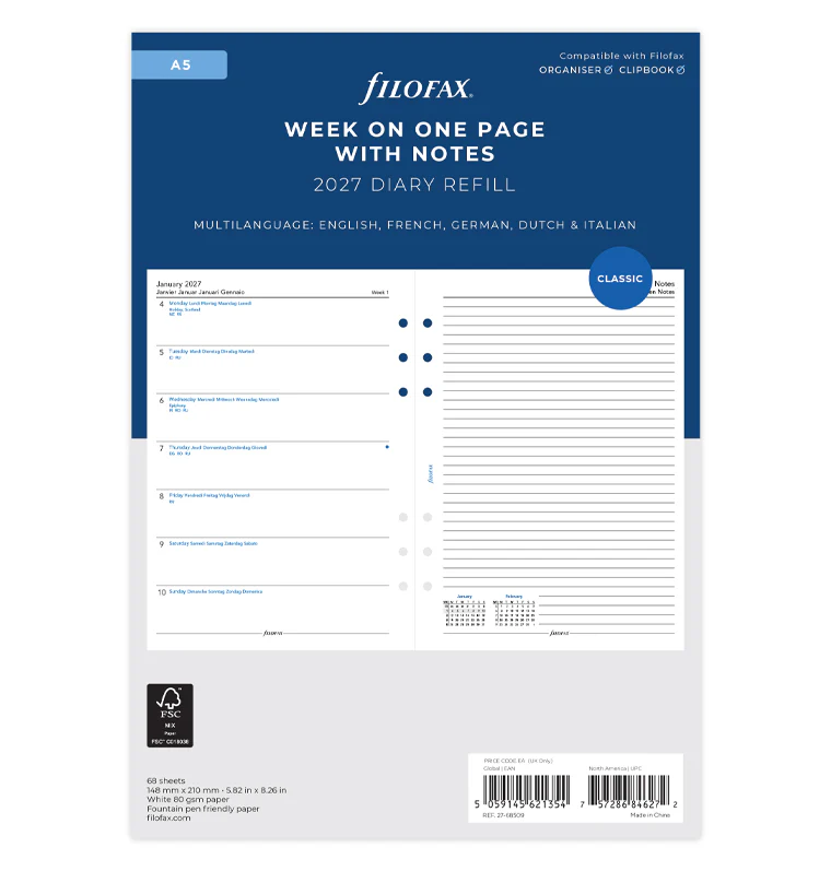 Week On One Page Diary With Notes - A5 2027 Multilanguage