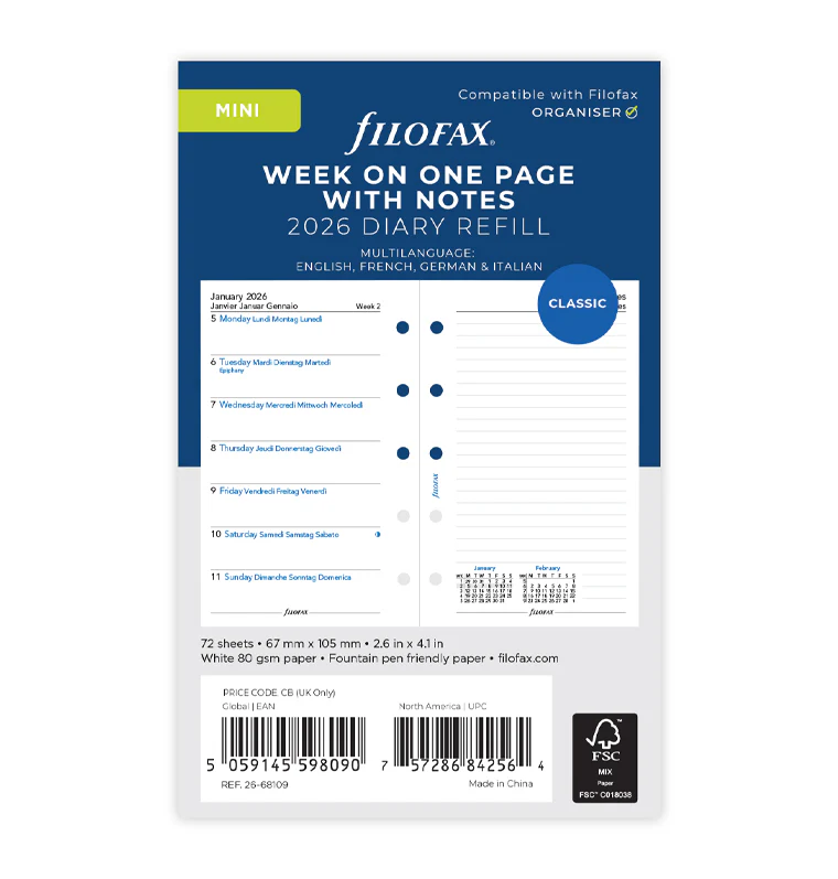 Week On One Page Diary with Notes - Mini 2026 Multilanguage