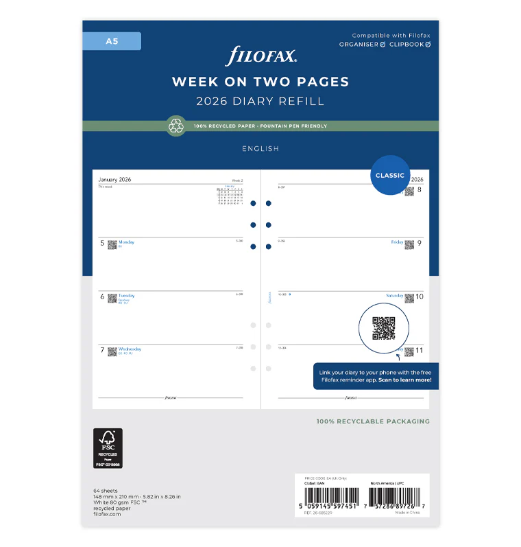 Week On Two Pages Diary - A5 2026 English - Recycled Paper