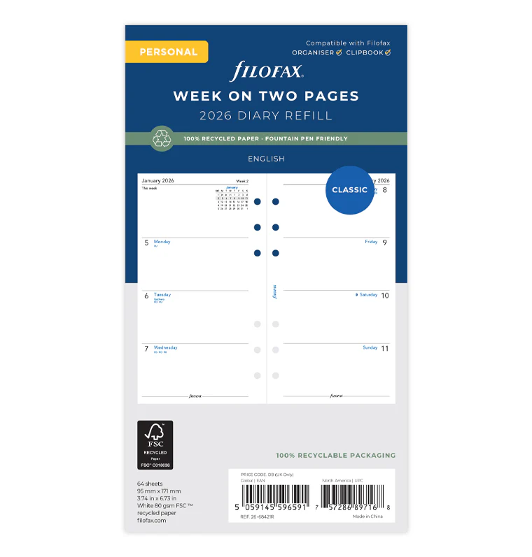 Week On Two Pages Diary - Personal 2026 English - Recycled Paper