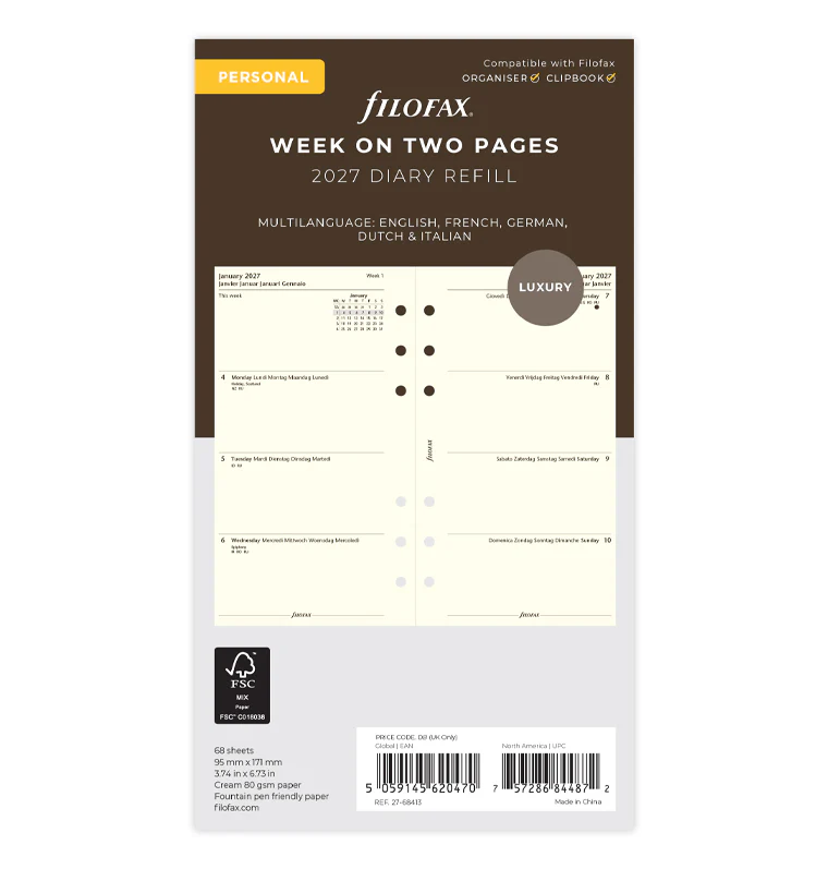 Week On Two Pages Diary - Personal Cotton Cream 2027 Multilanguage