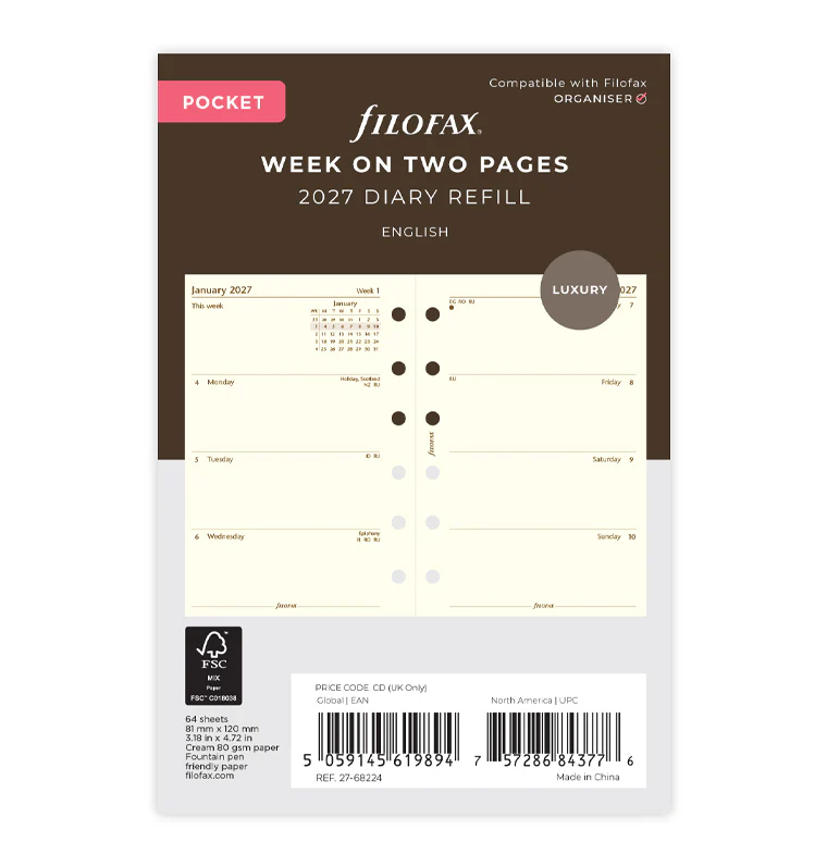 Week On Two Pages Diary - Pocket Cotton Cream 2027 English
