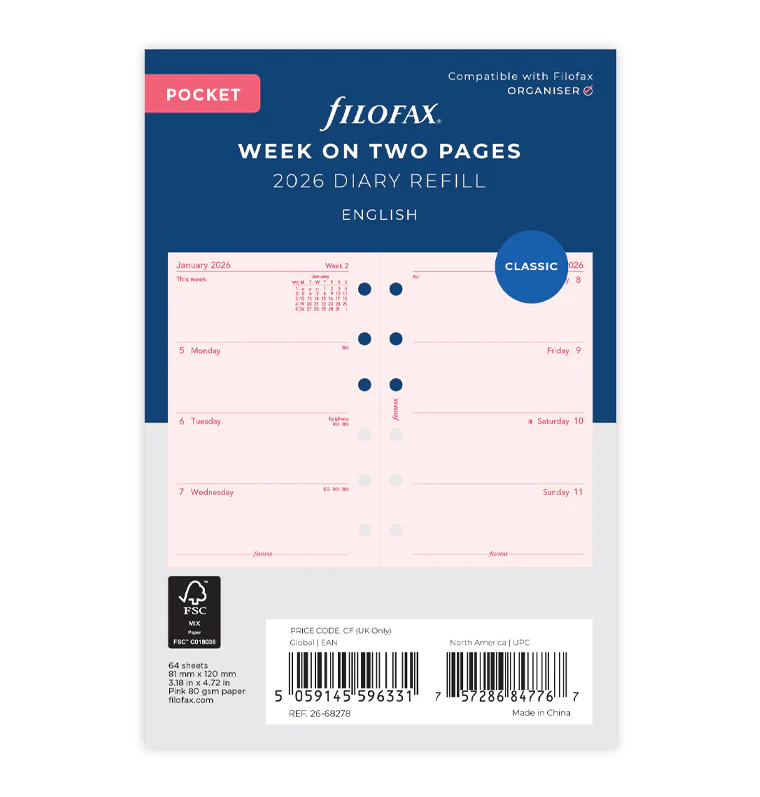 Week On Two Pages Diary - Pocket Pink 2026 English